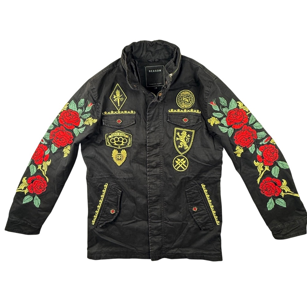 Reason Brand NYC Mens Black Embroidered Tiger Rose Military Field Jacket Medium